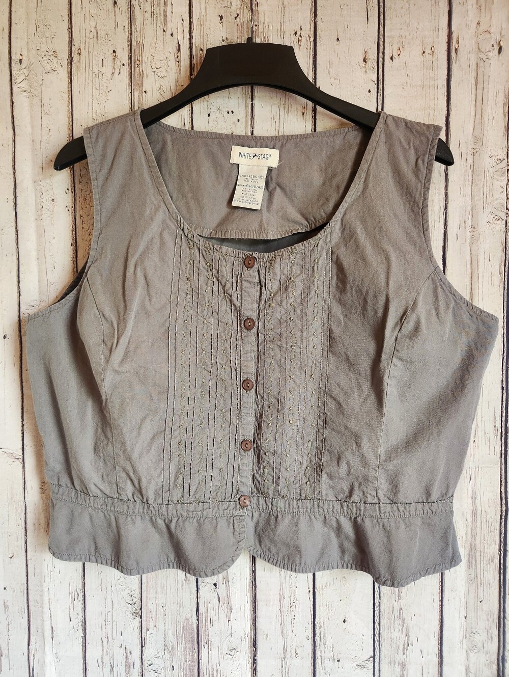 Cotton White Stag Moss Green Pintuck Embroidered Button Vest Top XL Cottage
